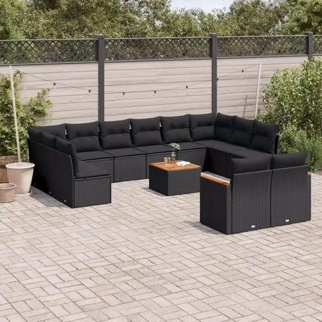 Set di divani da giardino VIDAXL a forma di U in polyrattan nero con 13 pezzi e cuscini inclusi – 1