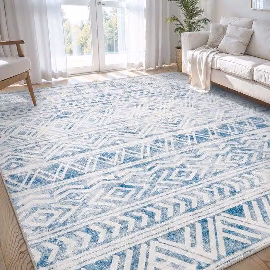 Tappeto blu 240x300 cm, lavabile e antiscivolo, con motivi geometrici moderni