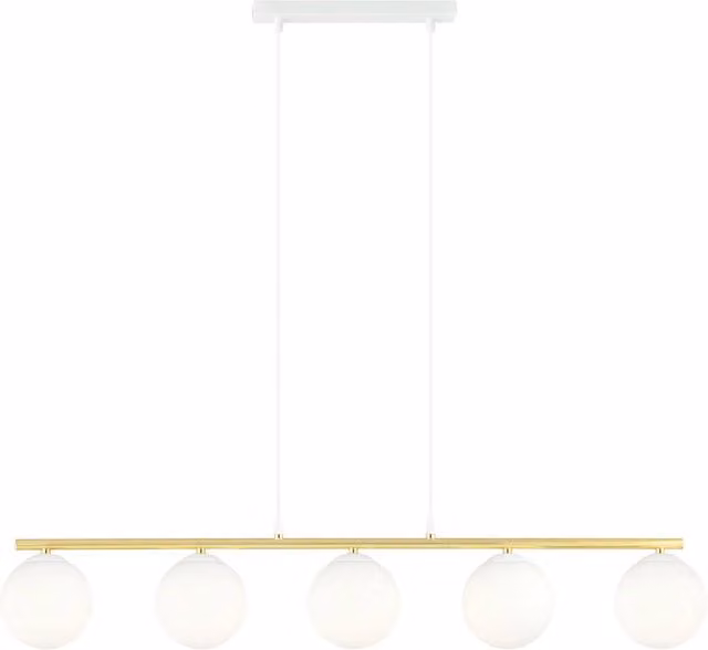 Lampada a sospensione moderna Alora Luceart-Classic con 5 sfere in vetro bianco e struttura in acciaio oro
