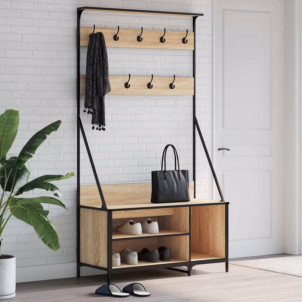 vidaXL Appendiabiti con Porta Scarpe in Rovere e Metallo, Colore Marrone, L 100 cm x P 41 cm x H 184 cm