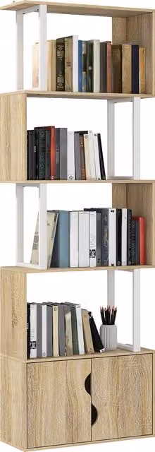 Libreria HOMCOM a 5 livelli con armadio a doppia porta, mobile di archiviazione moderno in legno naturale, L: 60 cm, P: 23,8 cm, H: 179,2 cm