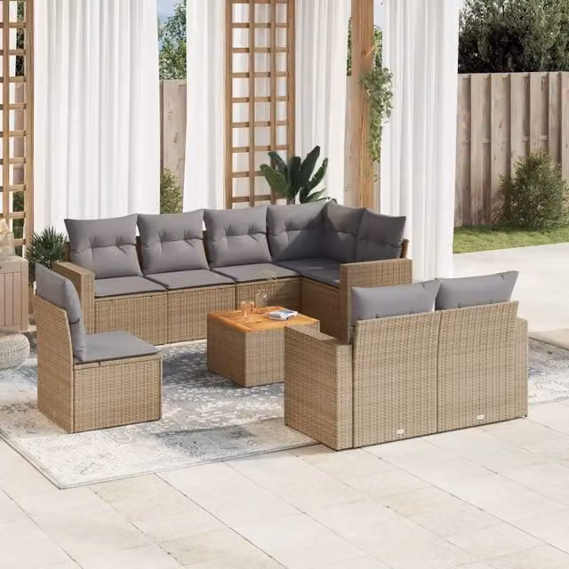 vidaXL Set Divano da Giardino a L in Polyrattan con Cuscini Beige e Grigio, 9 Pezzi