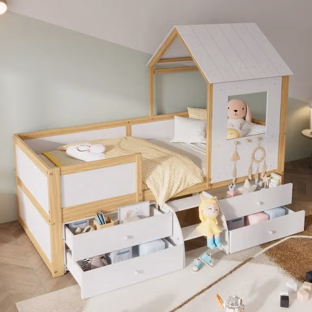 Letto a casetta per bambini 90 × 200 cm con 4 cassetti, scala e recinto, senza materasso, bianco naturale