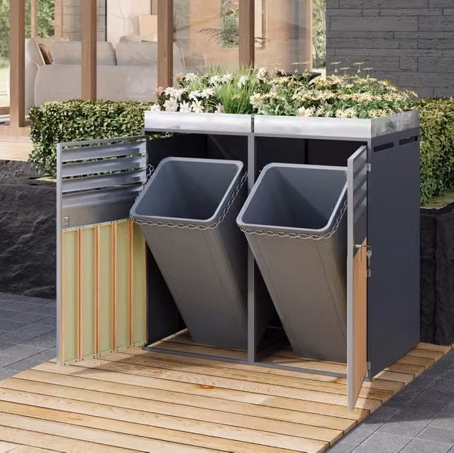 Mülltonnenbox con fioriera integrata; 132x80x124;5 cm; acciaio zincato grigio e effetto legno