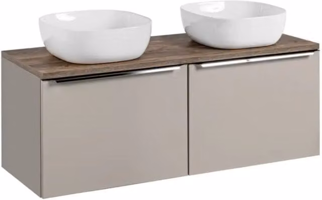 Set da bagno Meublorama VANTA color taupe con top e 2 lavabi bianchi da appoggio L/P/H: 120 x 46 x 64 cm
