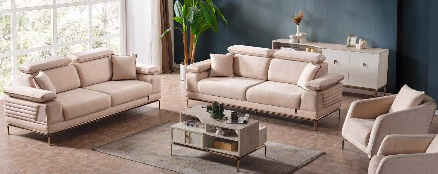 Modernes Beiges Sofa-Set Designer 3-Sitzer Couchen 2x Textilsessel
