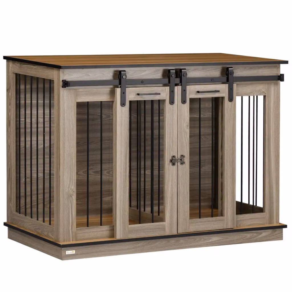 Gabbia per cani 2 in 1 OKWISH in metallo e legno color rovere con divisorio e 2 porte, L: 120 cm, P: 60 cm, H: 88,5 cm – 2