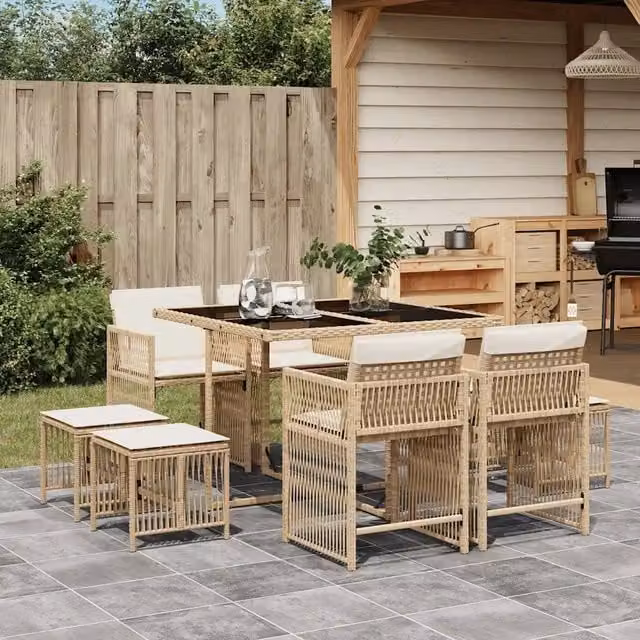 Set da Pranzo da Giardino vidaXL in Polyrattan con Cuscini Beige e Piano in Vetro, 9 Pezzi – 1