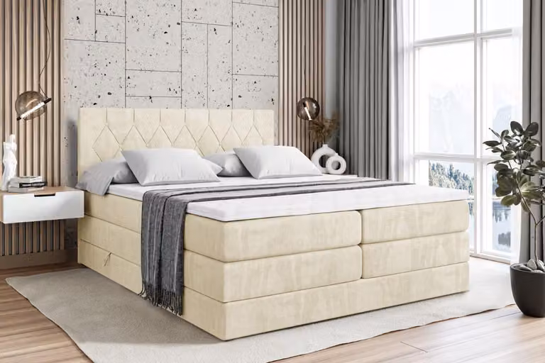 Letto boxspring ALTDECOR con 2 materassi e topper - 120x200 cm - VELANTO -BZ KING - Beige Monolith 04 - Letto imbottito con materassi H3 e H4, contenitore e rete a doghe, letto con spazio contenitivo
