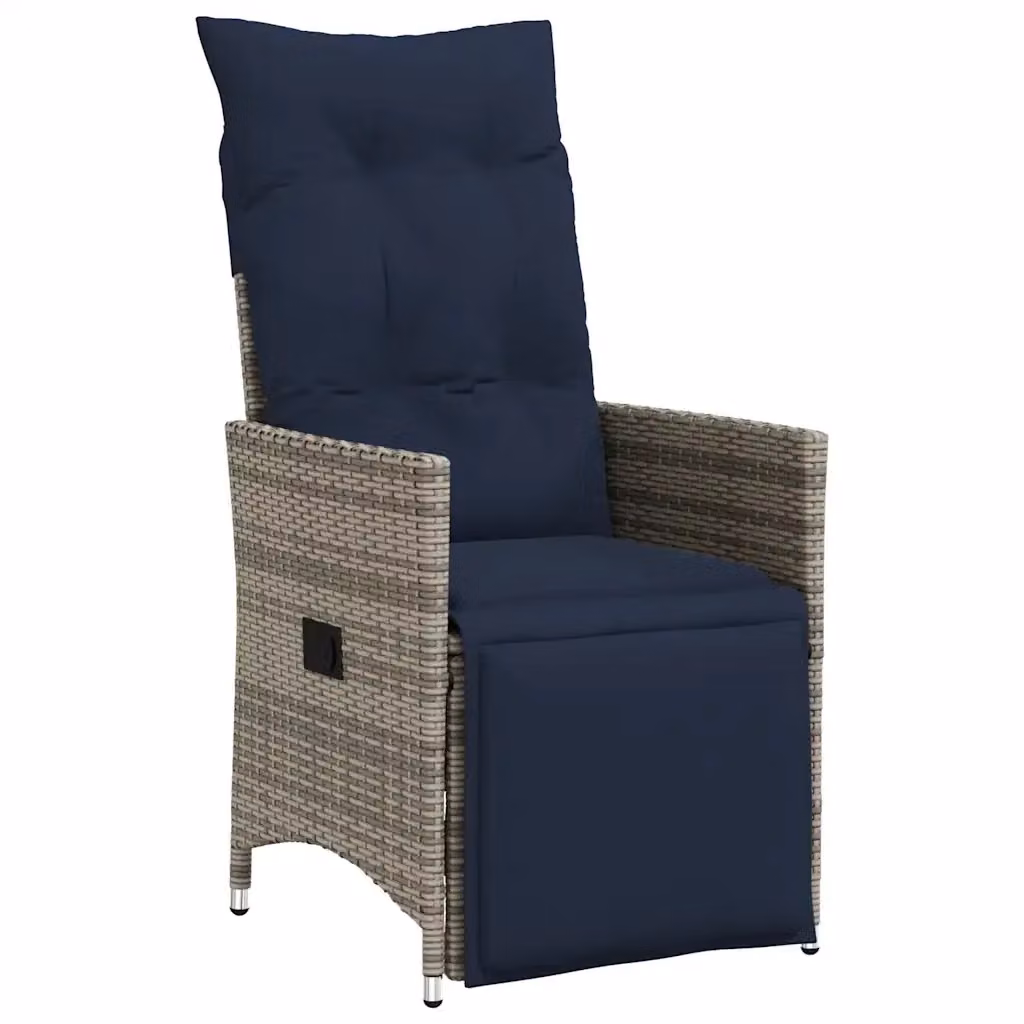 Sedia da giardino reclinabile vidaXL in polyrattan con cuscini grigi e blu e braccioli – 2