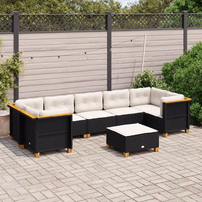 Set di divani da giardino vidaXL a forma di L in polyrattan nero con cuscini e pouf, 8 pezzi