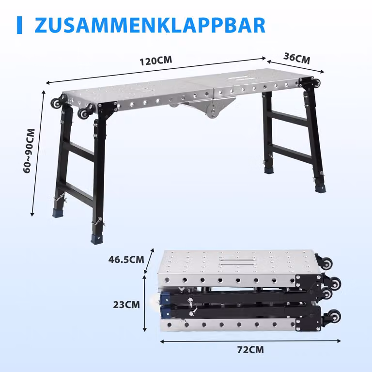 Piattaforma mobile per lavoro, dimensioni 120x36 cm, pieghevole, 4 ruote piroettanti, 4 livelli di altezza regolabili, acciaio zincato, portata 500 kg