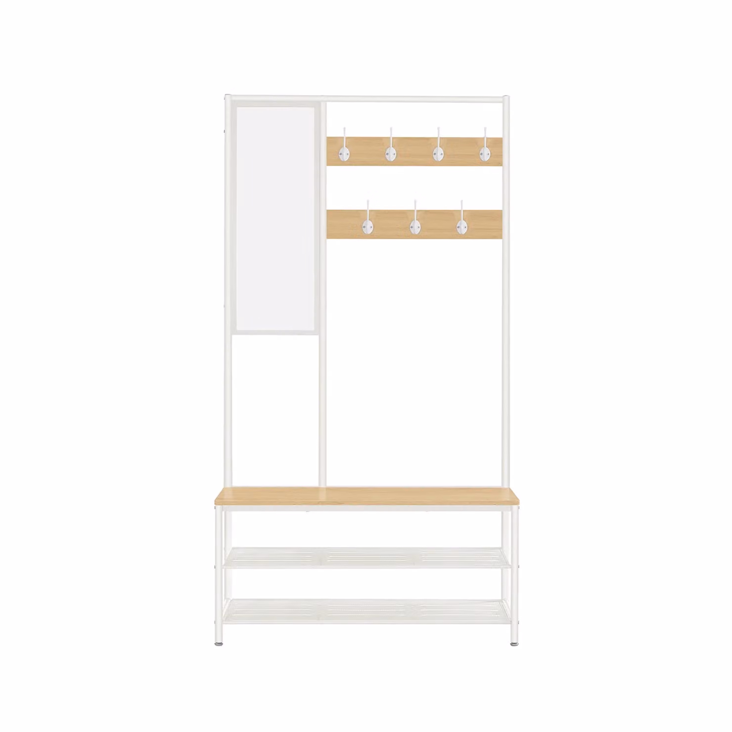 Appendiabiti con Scarpiera, Mobile Ingresso con Ganci, Specchio, Panca e Ripiani, 35 x 98 x 180 cm, Rovere + Bianco