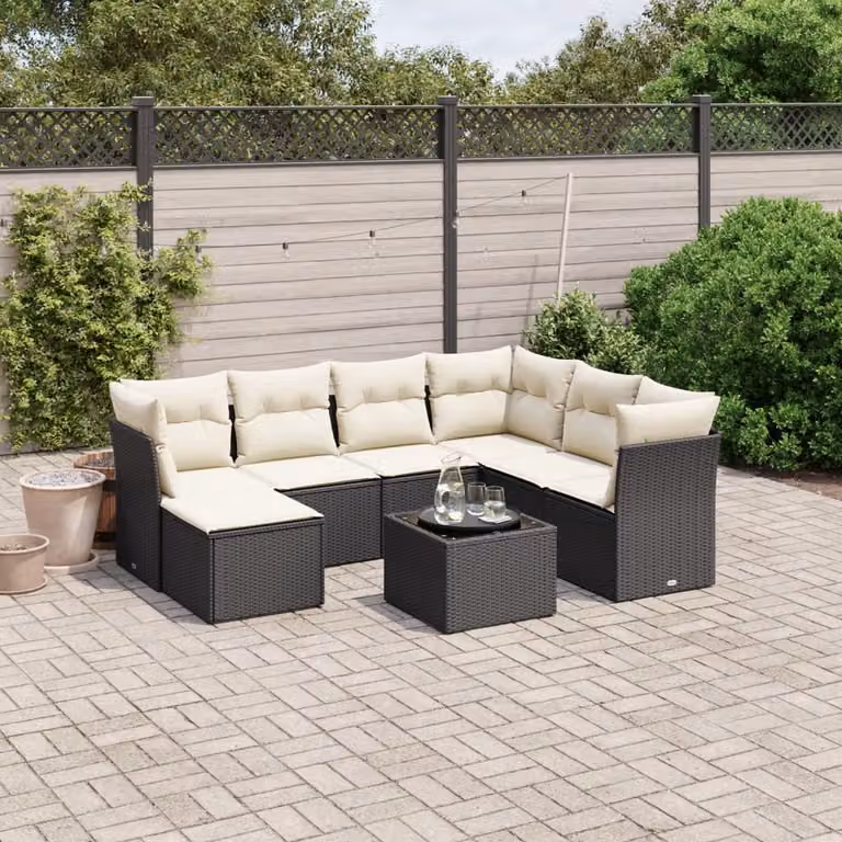 Set di divani da giardino vidaXL a forma di L con 8 pezzi, colore nero e bianco, in polyrattan con struttura in acciaio verniciato a polvere e cuscini imbottiti con rivestimenti rimovibili resistenti ai raggi UV
