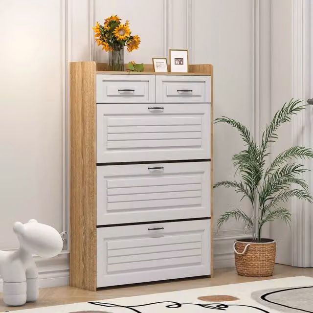 Scarpiera 80.0x23.5x131.0 cm con 3 ripiani girevoli in pannello truciolare bianco e naturale