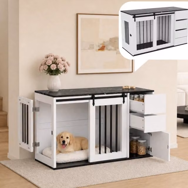 Tavolino da caffè Minimal 2 in 1 con box per cani, bianco effetto marmo e nero, L: 140 cm, P: 60 cm, H: 87 cm