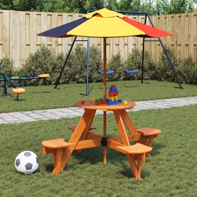 Tavolo da picnic per 4 bambini vidaXL in legno di abete marrone e multicolore con ombrellone rotondo L: 140 cm, P: 120 cm, H: 75 cm – 1