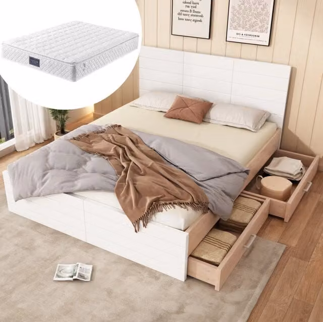 Letto matrimoniale con 2 cassetti e rete a doghe; 160x200 cm; bianco e rovere chiaro