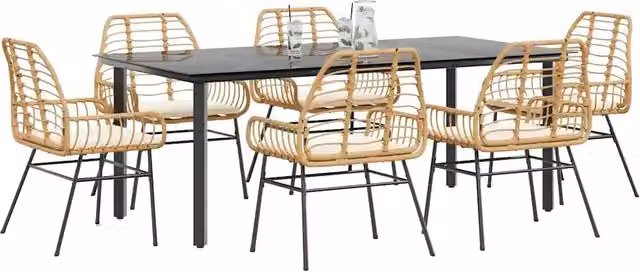 Set Pranzo da Giardino 7pz con Cuscini Marrone Polyrattan Vetro 3334560