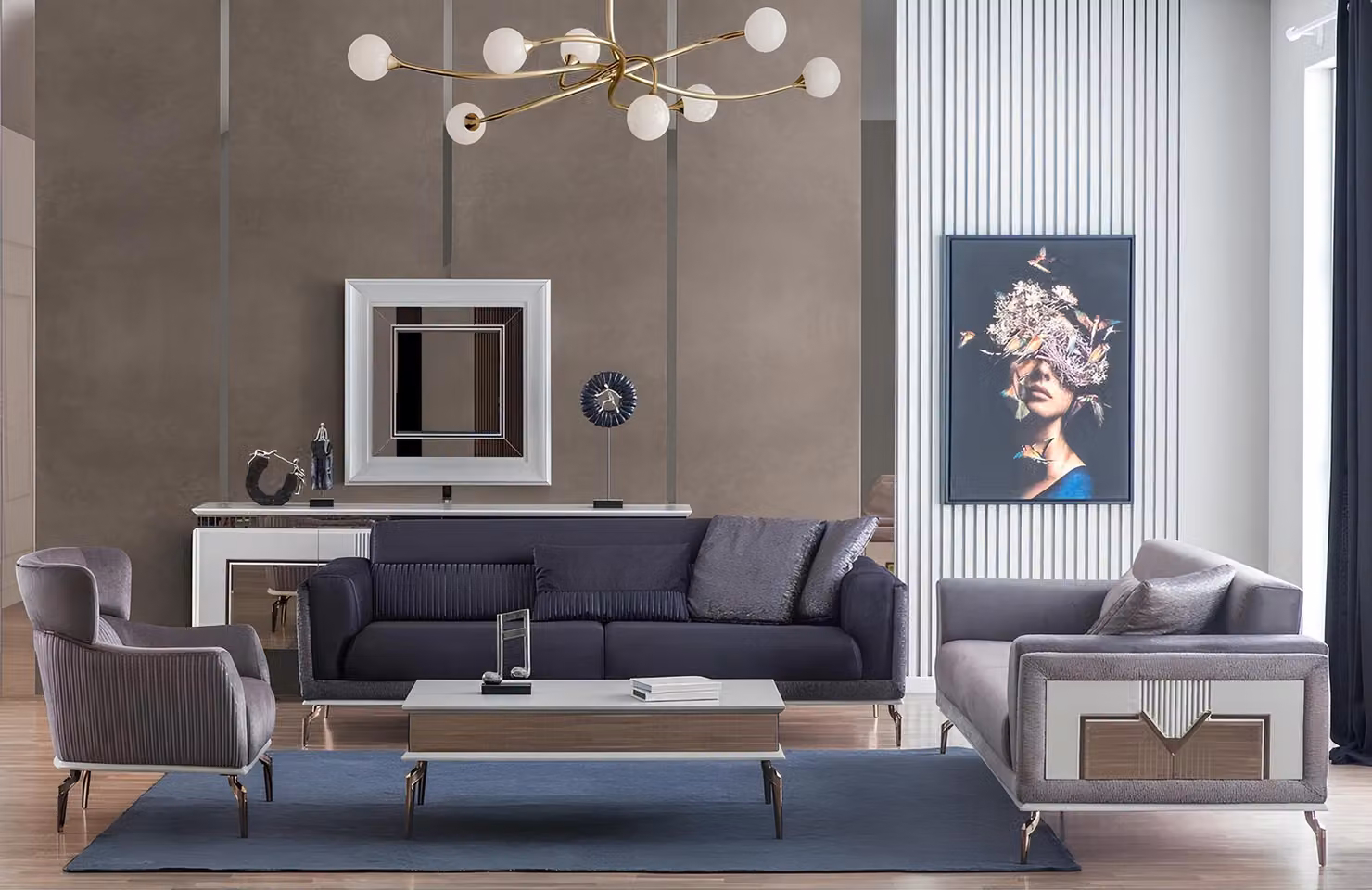 Design Wohnzimmer Set Sofas Sessel Moderne Couchtisch 3+3+1 Couchtisch