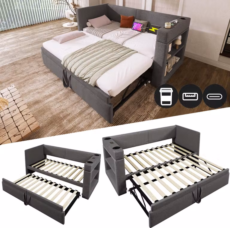 Daybed imbottito Sweiko 90x200 cm, divano letto singolo con letto estraibile, braccioli con porta di ricarica USB e Type-C e portabicchieri, tessuto misto lino, grigio, senza materasso.