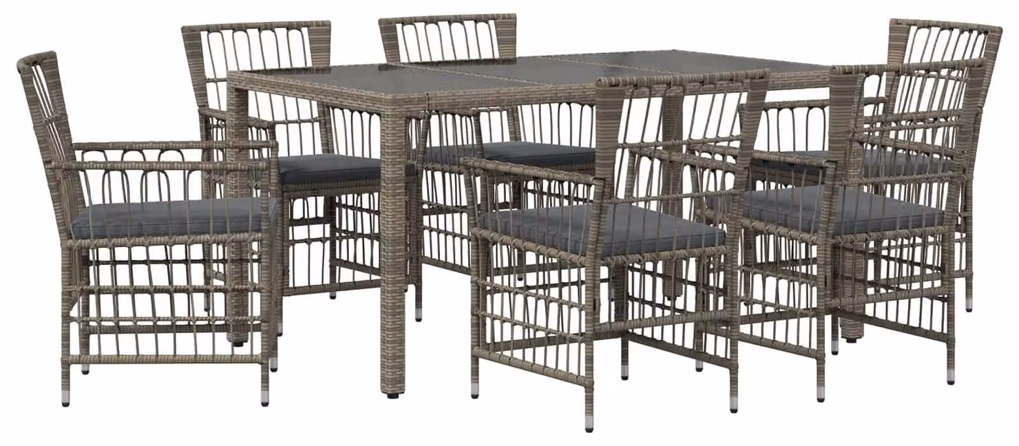 Set da esterno per 7 persone, colore grigio, realizzato in rattan sintetico