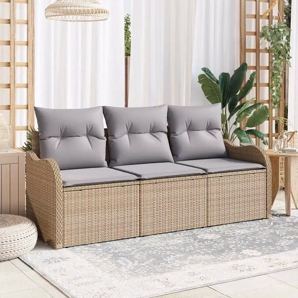Set Divano da Giardino 3 pz vidaXL in Polyrattan Beige con Cuscini e Struttura in Acciaio Verniciato a Polvere