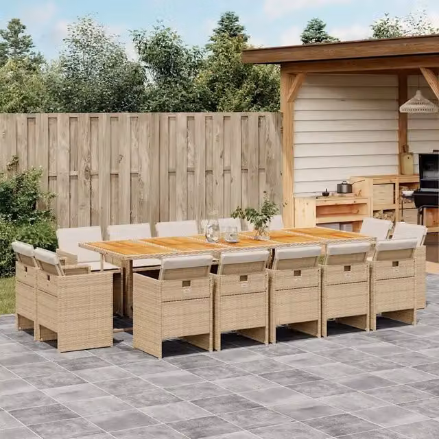 Set da pranzo da giardino vidaXL in legno di acacia e polyrattan da 15 pezzi con cuscini beige, marroni e bianchi – 1