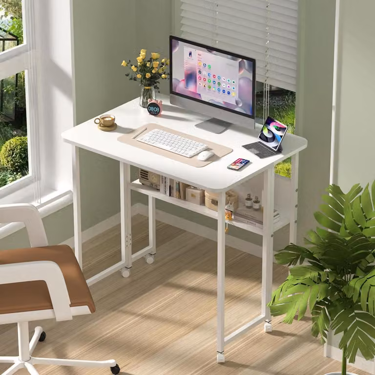 Scrivania regolabile in altezza con supporto per monitor, colore bianco, dimensioni 80 x 58 x 75 cm
