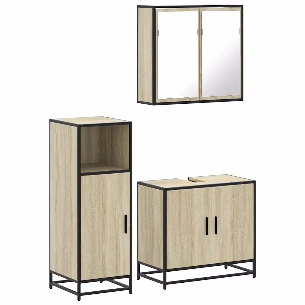 Set Mobili da Bagno Industrial vidaXL in Legno e Metallo, Colore Marrone e Beige, Composto da Mobile Lavabo, Armadietto a Specchio e Pensile con Illuminazione LED – 2