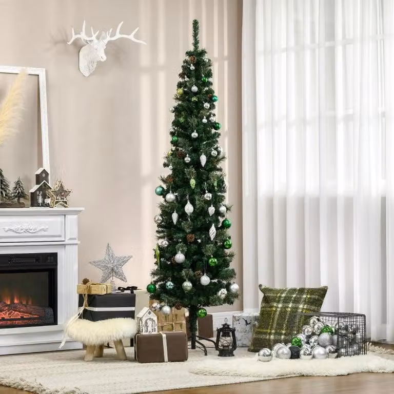 Albero di Natale artificiale sottile, con pigne | Colore: verde | Dimensioni: 54x54x195 cm