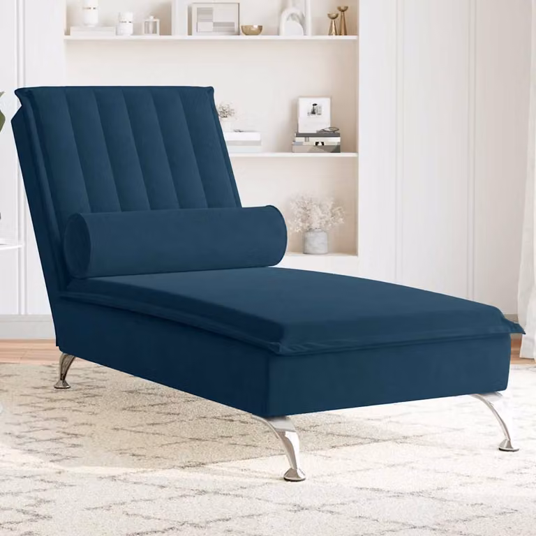 vidaXL Chaise Longue con Cuscino a Rullo in Velluto Blu e Ricarica USB, L: 137,0 cm, P: 56,0 cm, H: 75,0 cm