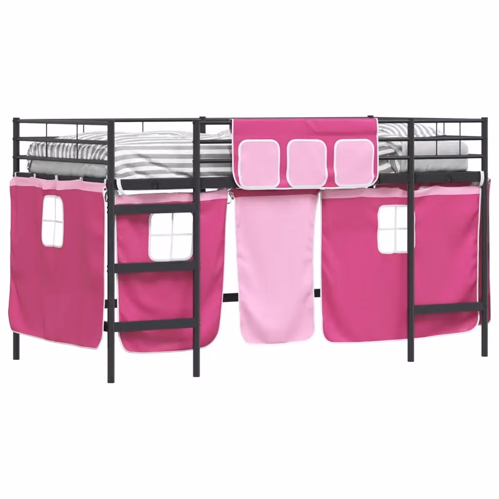 Letto Loft Singolo per Bambini in Metallo con Scala e Tendine Nero e Rosa L/P/H: 205 x 112 x 116 cm – 2