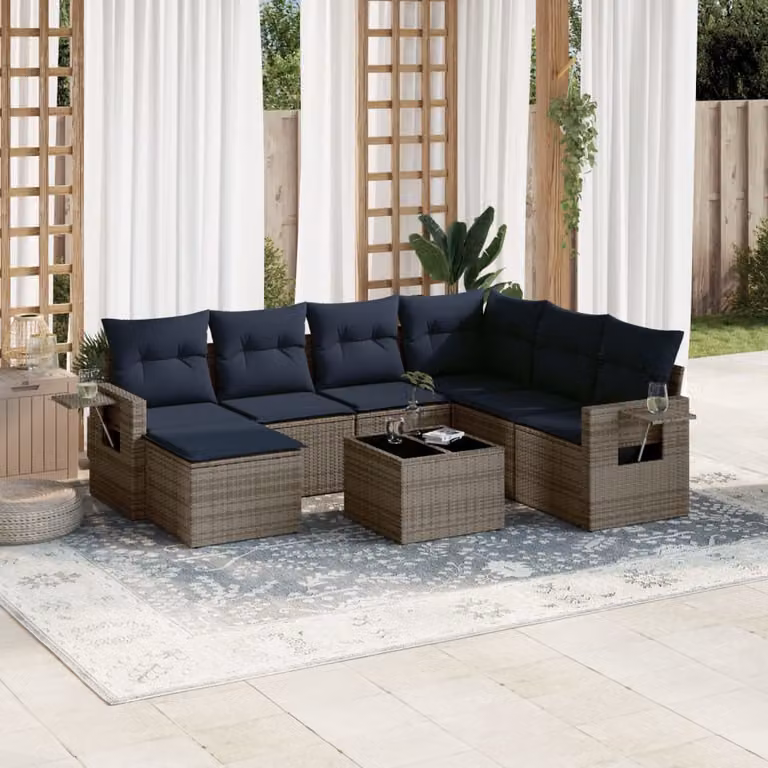 Set Divani da Giardino vidaXL 8 Pezzi con Cuscini e Tavolino, Design Moderno in Polyrattan Grigio e Blu con Struttura in Acciaio