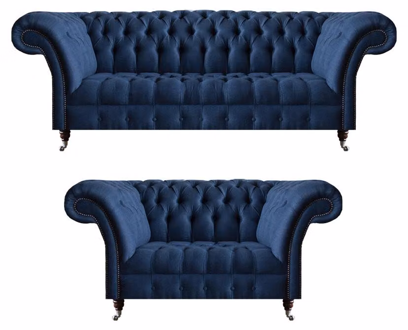 Blaue Sofagarnitur Chesterfield Textil Couchen Dreisitzer Zweisitzer 2tlg