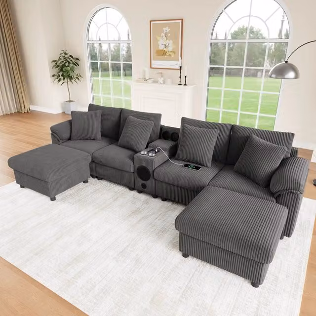 Divano panoramico modulare 4-6 posti in velluto a coste grigio con console e audio Bluetooth 315.5 × 144 × 84.5 cm