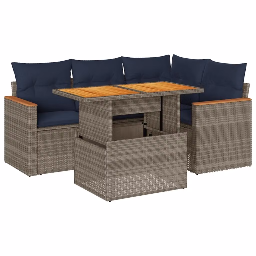 Set Divano da Giardino a L vidaXL in Polyrattan con Cuscini Blu e Grigio e Tavolino da Esterno – 2