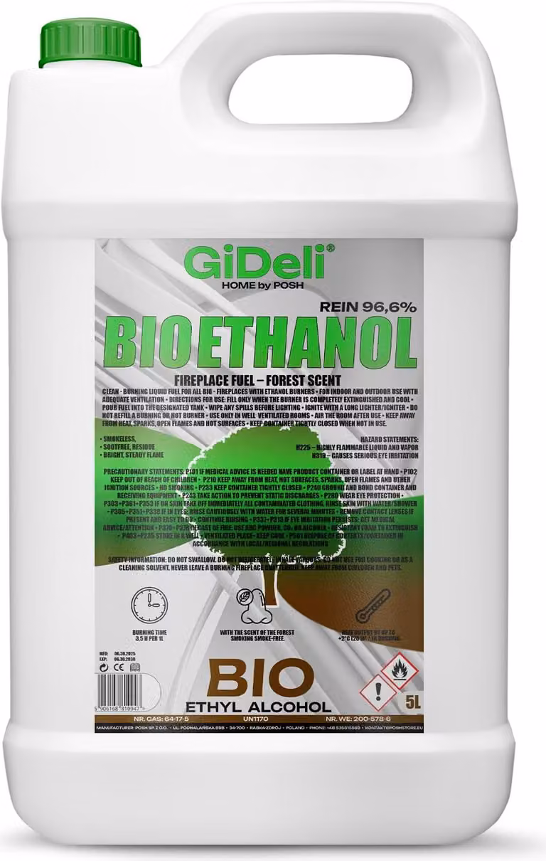 Bioetanolo profumato alla foresta 96,6% 5L per caminetti universali senza fumo e senza fuliggine GiDeli