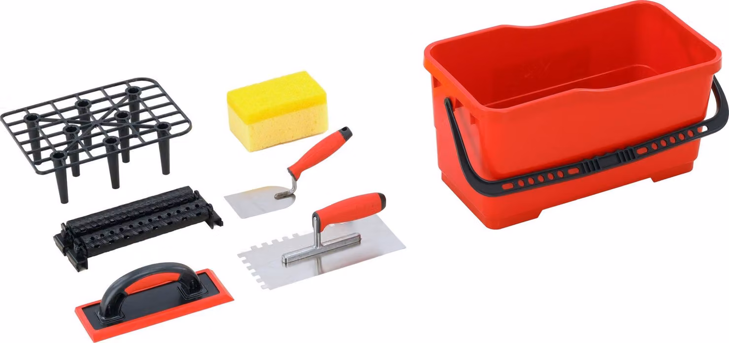 Kit per piastrellista: secchio, griglia di sgocciolamento, spatola, spatola dentata, spatola per stucco