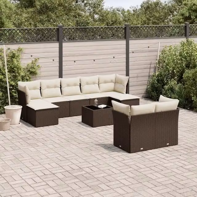 Set Divani da Giardino 10pz con Cuscini in Polyrattan Marrone 3218323