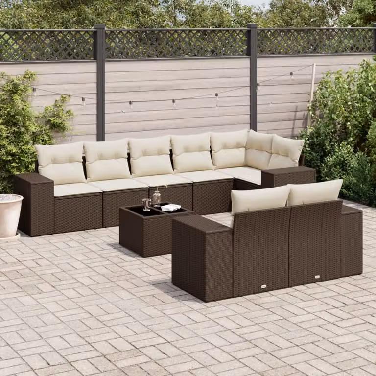 Set di Divani da Giardino a L vidaXL in Polyrattan Marrone e Bianco con 9 Pezzi e Cuscini Inclusi