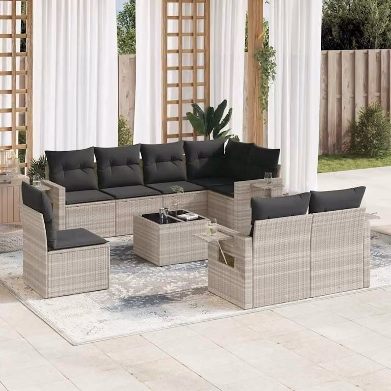 vidaXL Set Divano da Giardino 9pz in Polyrattan Grigio con Cuscini e Tavolino