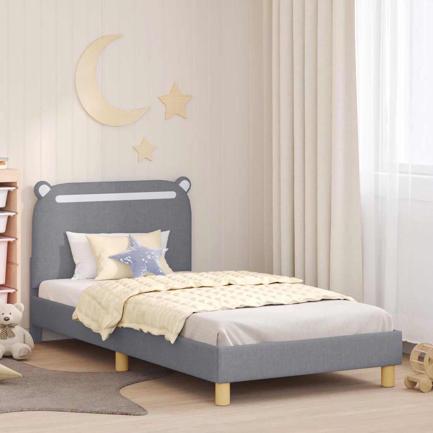 Struttura letto per bambini vidaXL con testata imbottita in tessuto, Grigio, L 90 x P 190 cm