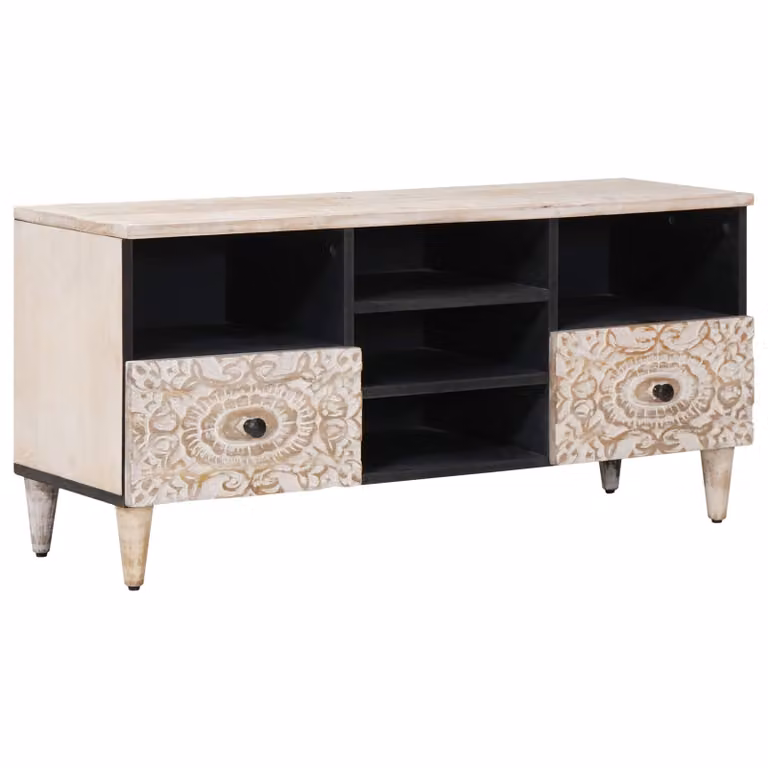 Mobile TV vidaXL Bianco in Legno di Mango Massello L: 100 cm, P: 33,5 cm, H: 46 cm