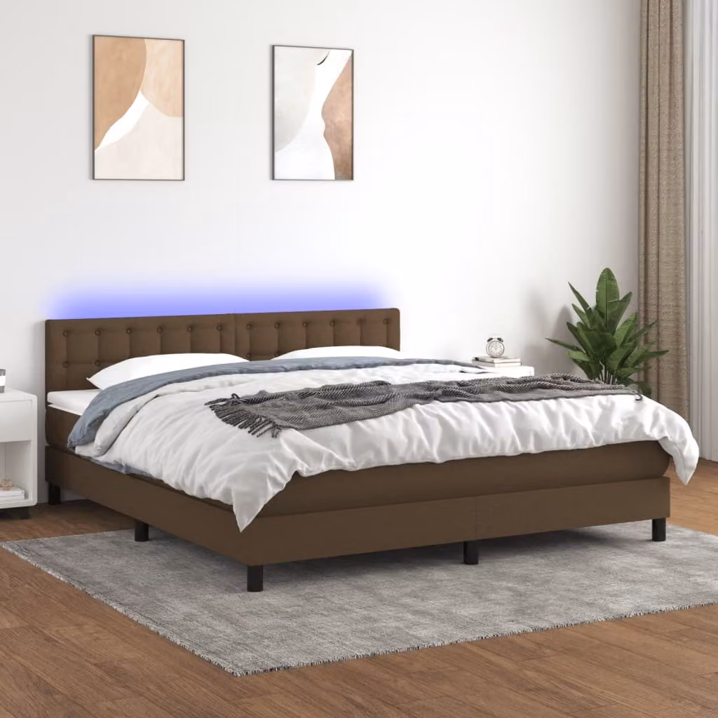 The Living Store Letto a molle con materasso e LED in tessuto marrone scuro 180x200 cm