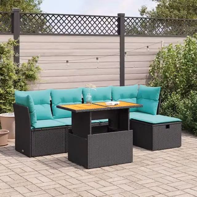 Set Divano da Giardino 6 pz con Cuscini Nero Polyrattan Acacia 3327967