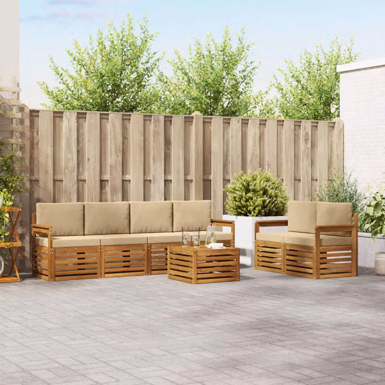 Set di divani da esterno vidaXL 7 pz in legno di acacia con tavolino e cuscini, colore sabbia e beige