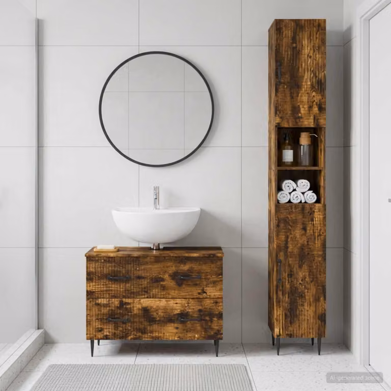 Set di mobili da bagno vidaXL HAARLEM composto da 2 pezzi, colore Rovere Fumo, design moderno con armadietto a muro e mobile lavabo con ripiani interni e ante a battente