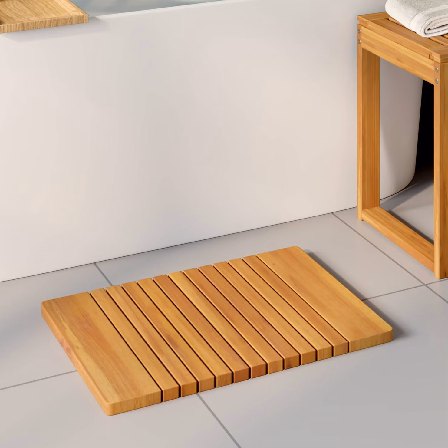 vidaXL Tappeto da bagno in legno di acacia massello marrone, antiscivolo e ad asciugatura rapida, L: 59 cm, P: 40 cm