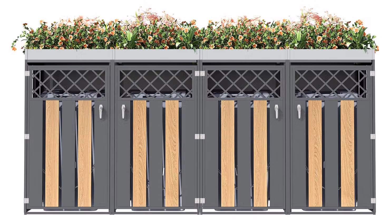 Contenitore per rifiuti a quattro scomparti Moonbite, con sistema di ventilazione a forma di rombo e vassoio per piante. Grande copertura per bidoni della spazzatura con quattro ante, realizzate in acciaio con finitura effetto legno, colore grigio